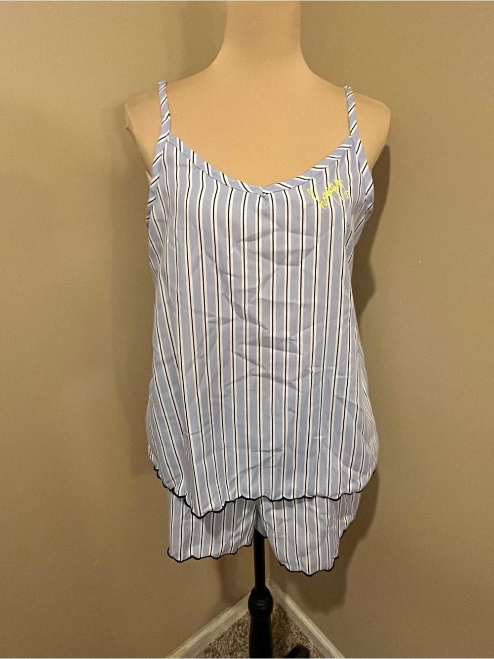 Rae Dunn Cottagecore Blue, White & Black Striped Cami & Shorts PJ Set, Med